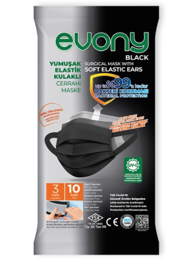 Evony Soft Ears Surg Masks Black 10's
